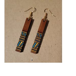 Mahogany Wood Hand Painted Bar Earrings, hypoallergenic Gold Hooks